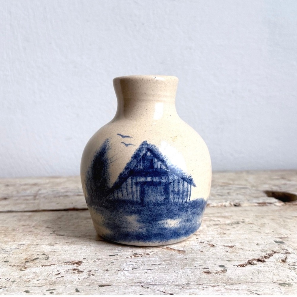 Vintage Paul Storie Pottery Marshall TX Blue Barn Bud Vase Signed 1995